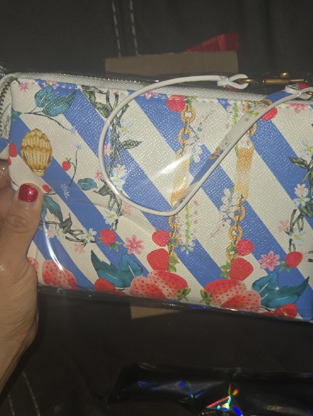 Kurt Geiger Strawberry Print Cosmetic Pouch with Red Feather Charm - Picture 8 of 10